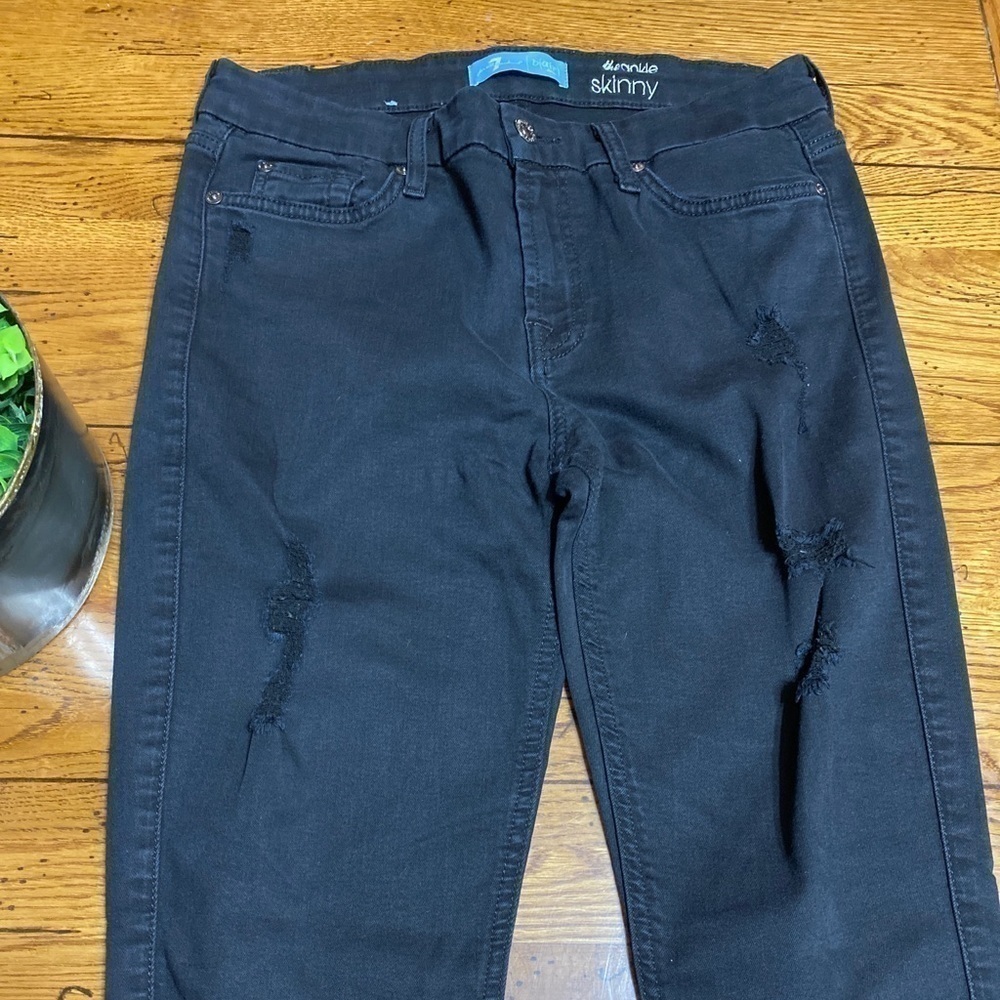 7 For All Mankind High Waist Ankle Skinny Jeans Black Distressed Raw Hem Size 29